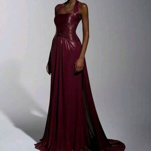 Women Formal Dress Size M Burgundy Red Wine Metallic Maxi Ruched Slim Flare Zip